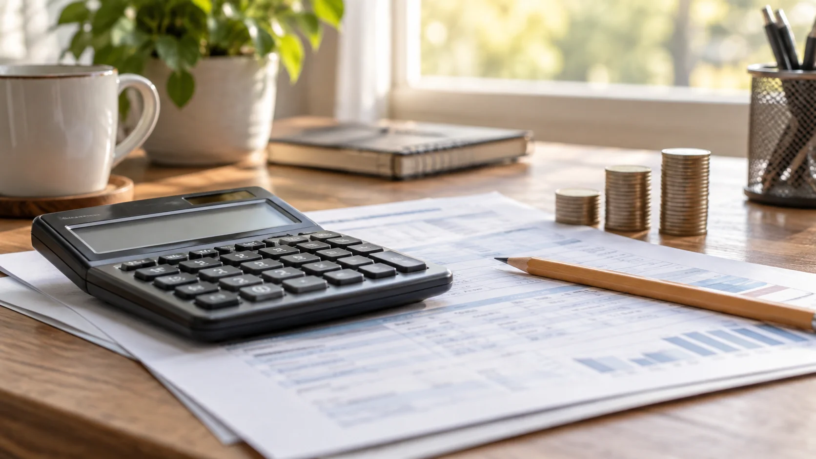 AI-generated illustration of a calculator, anonymous papers and plain coins; not a photograph of the reported event.