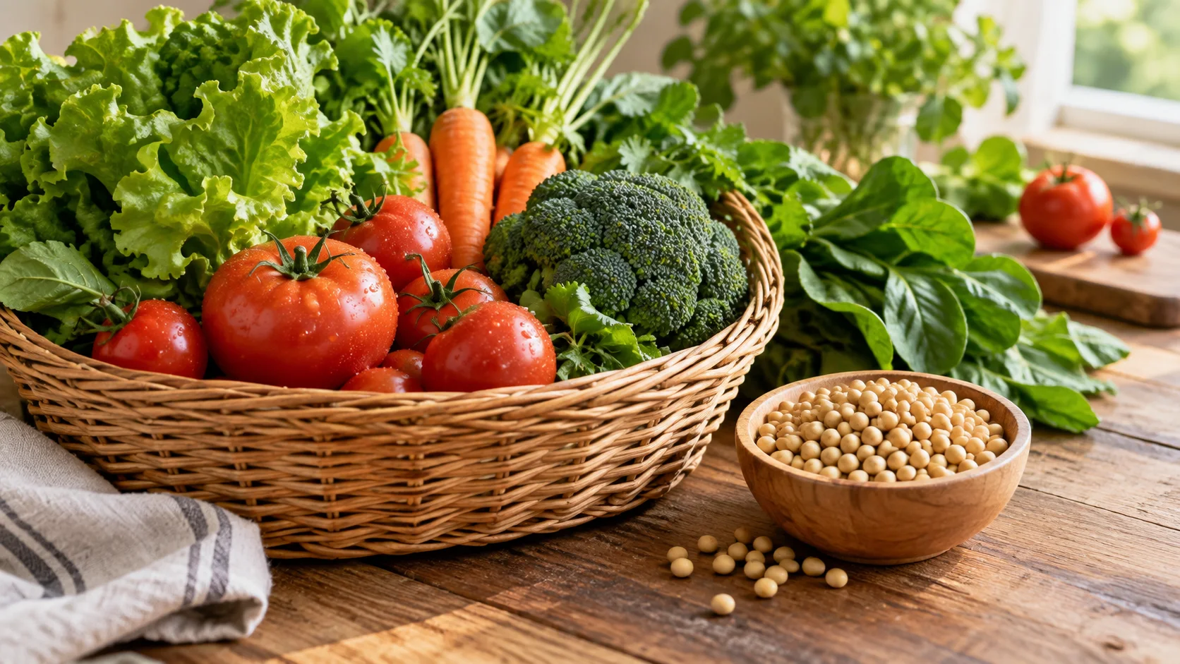 AI-generated illustration of a basket of fresh produce and a bowl of soybeans; not a photograph of the reported event.