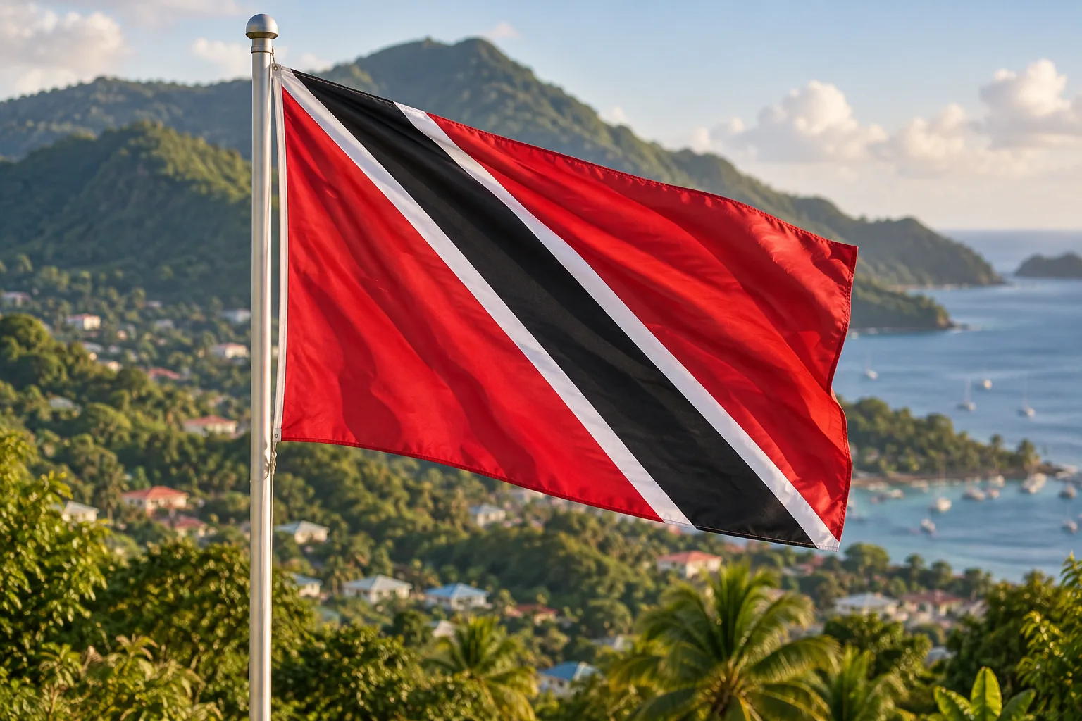 AI-generated illustration of the Trinidad and Tobago flag above a representative Caribbean landscape; not a photograph of the reported event.