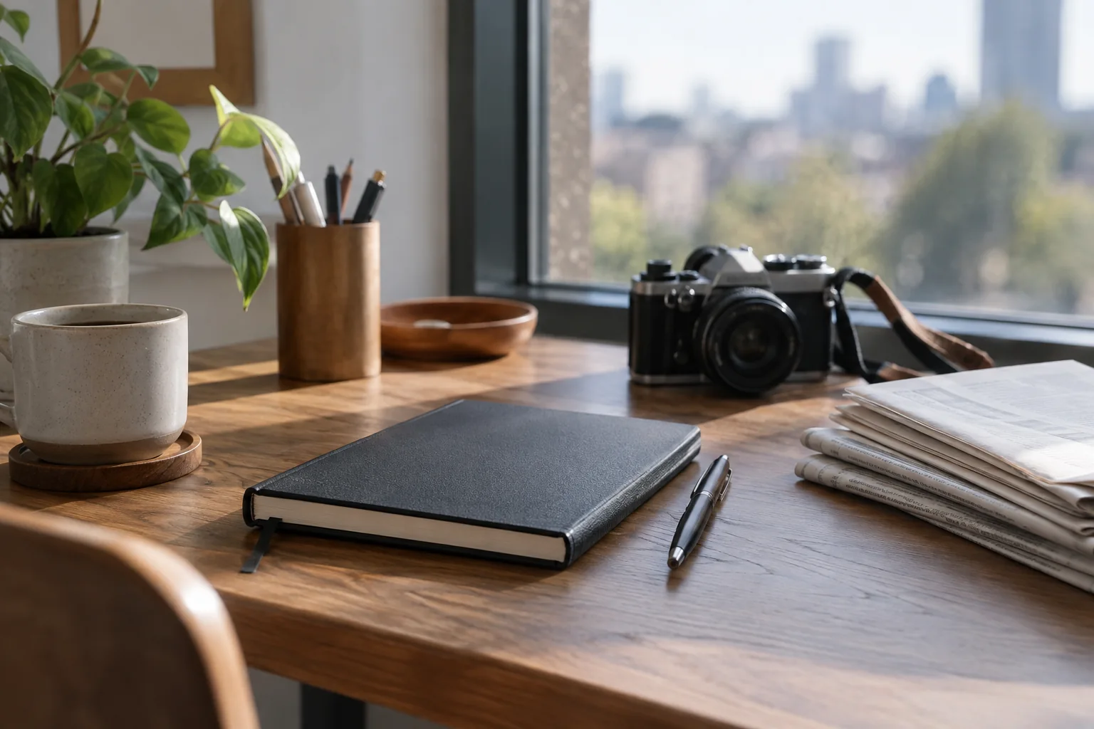 AI-generated illustration of a notebook, camera and newspapers on an anonymous editorial desk; not a photograph of the reported event.