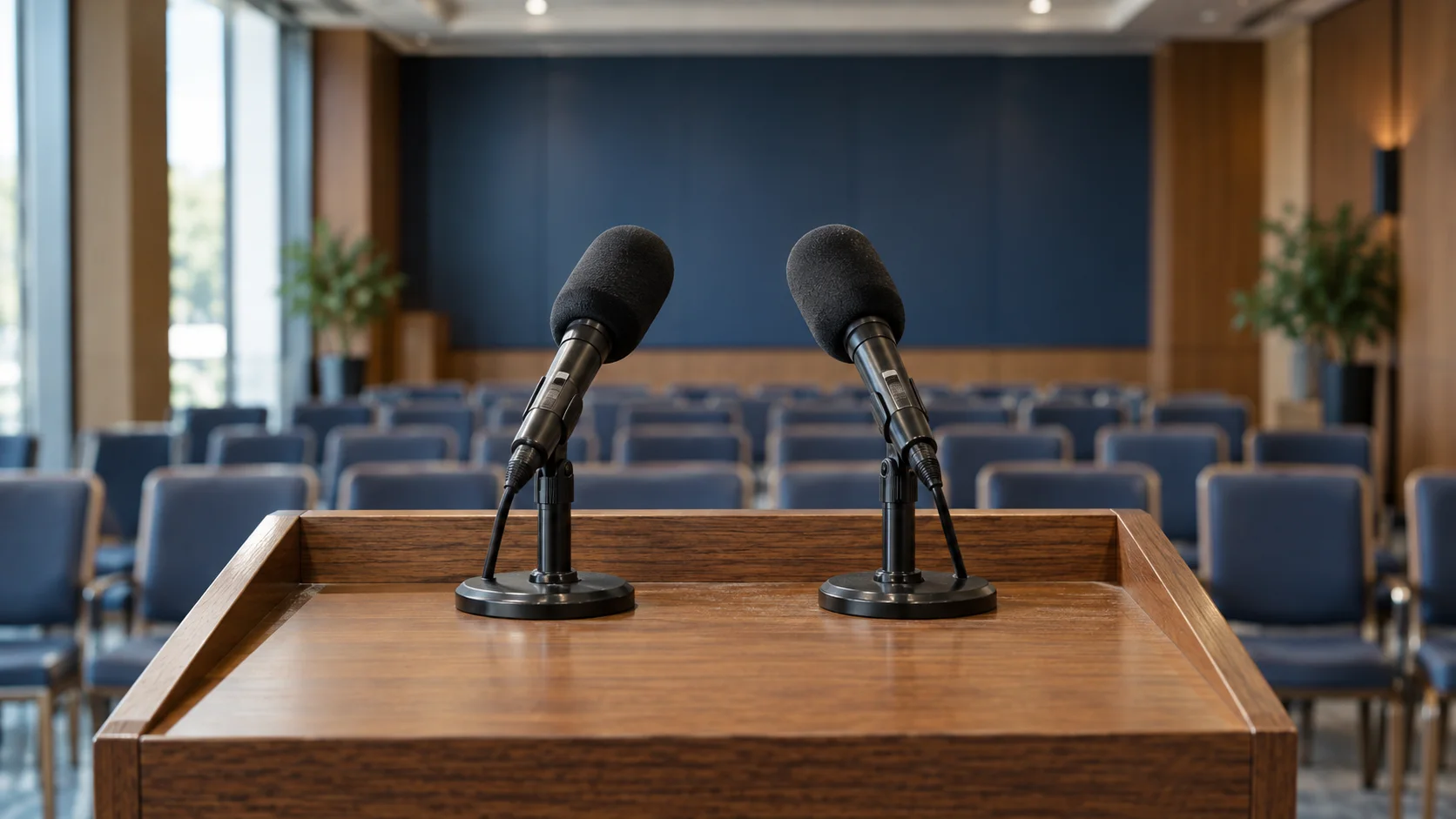 AI-generated illustration of microphones on a lectern in an empty anonymous civic briefing room; not a photograph of the reported event.