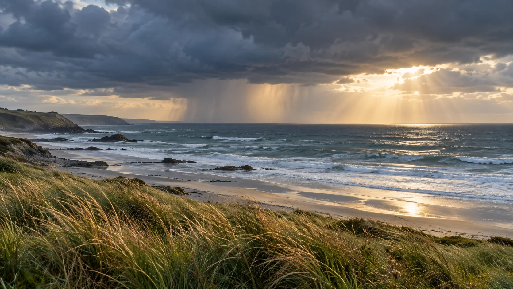 AI-generated illustration of rain clouds above an anonymous coastline; not a photograph of the reported event.