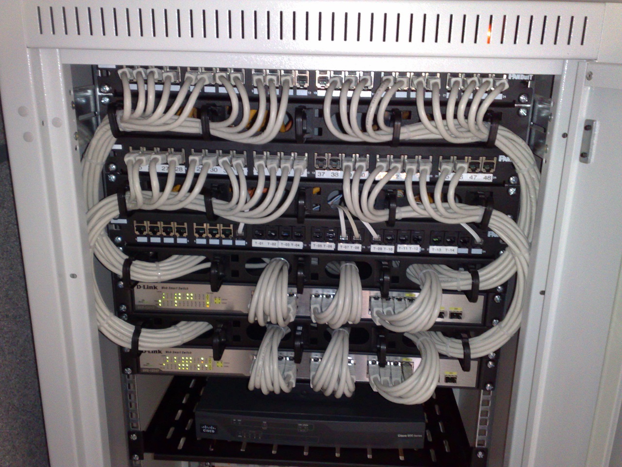 Rack-mounted Ethernet switches and patch panels connected with white cables. File photo; not the reported event.