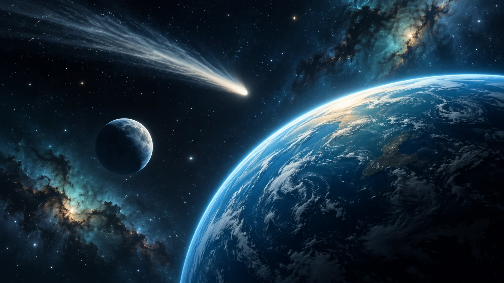 AI-generated space illustration with planets, stars and a comet; not a photograph of the reported event.